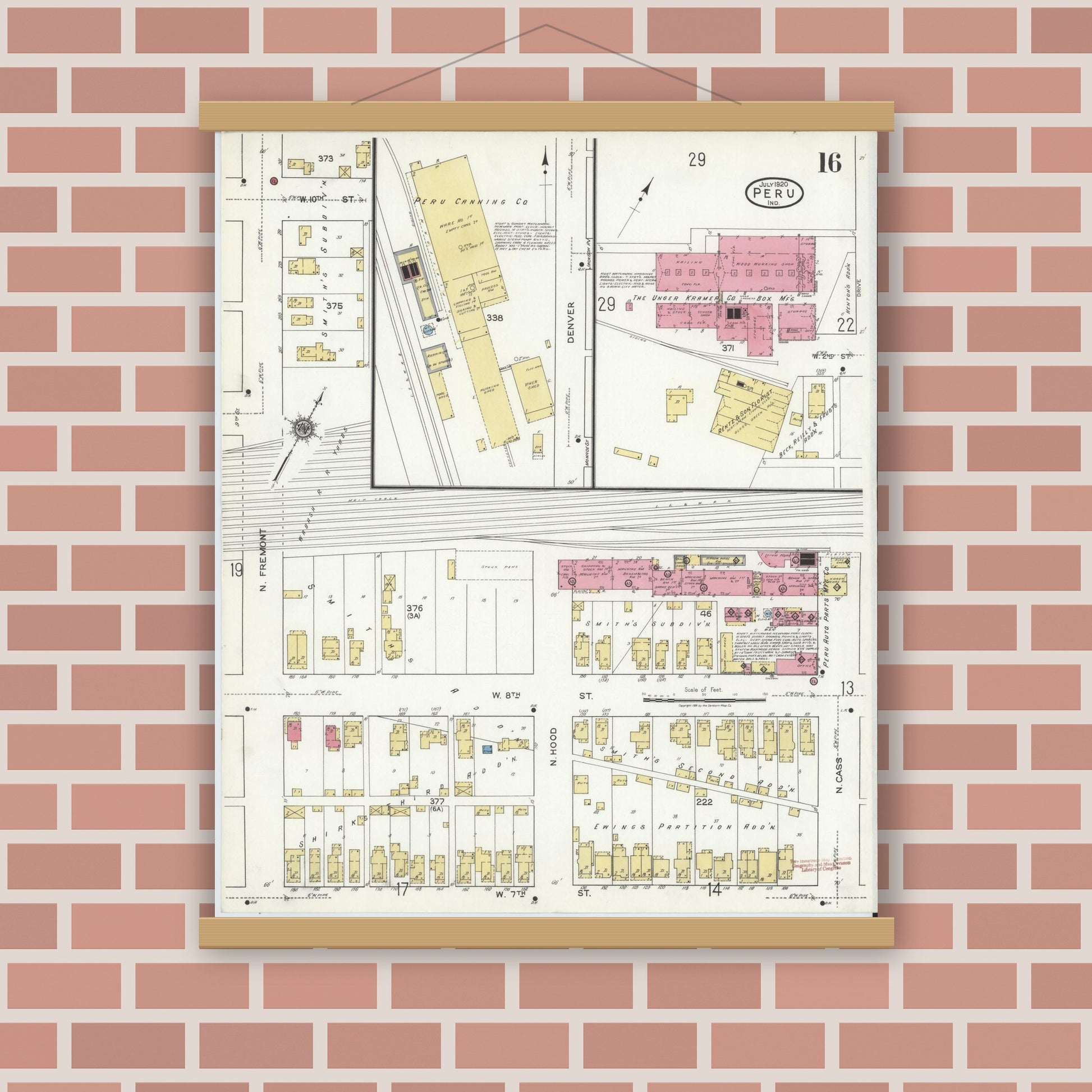 Old map wall art mockup — magnetic wood frame on brick wall — Sanborn Fire Insurance Map from Peru, Miami County, Indiana (1920), Sheet #0016