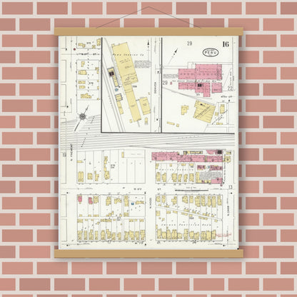 Old map wall art mockup — magnetic wood frame on brick wall — Sanborn Fire Insurance Map from Peru, Miami County, Indiana (1920), Sheet #0016