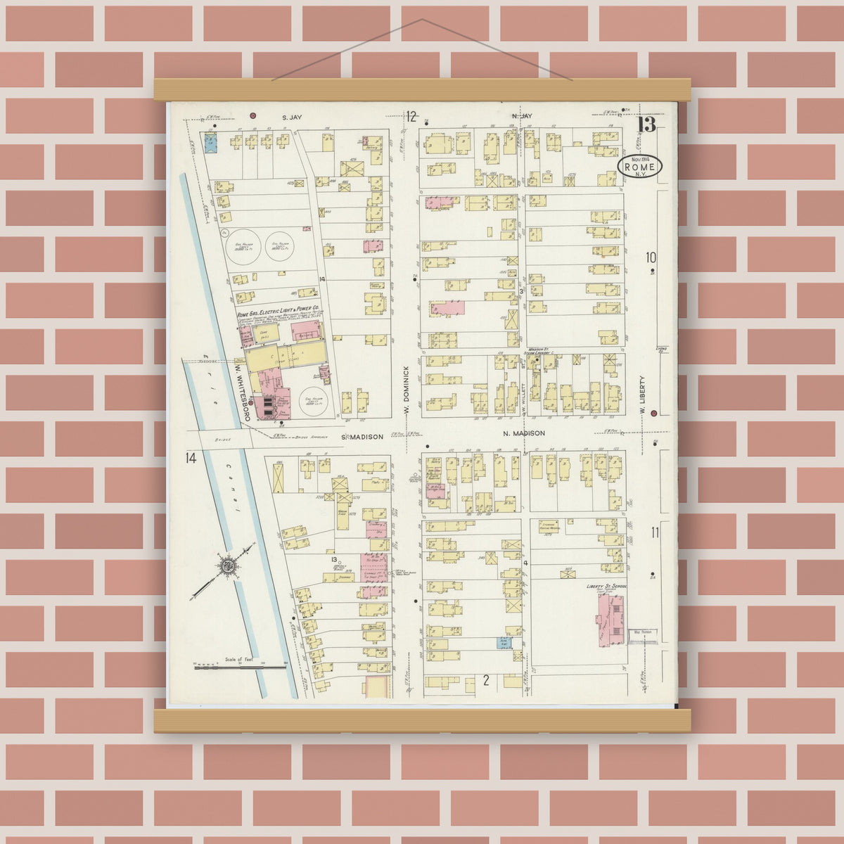 Old map wall art mockup — magnetic wood frame on brick wall — Sanborn Fire Insurance Map from Rome, Oneida County, New York (1914), Sheet #0013