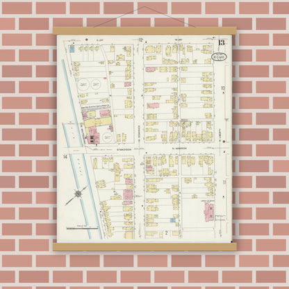 Old map wall art mockup — magnetic wood frame on brick wall — Sanborn Fire Insurance Map from Rome, Oneida County, New York (1914), Sheet #0013