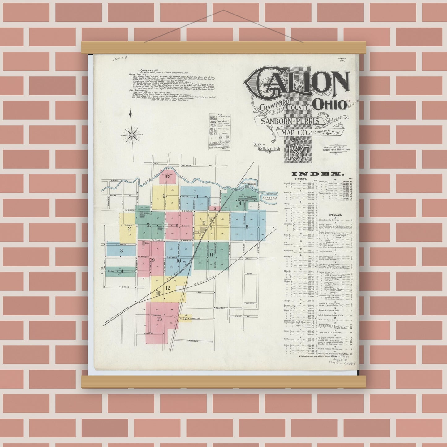 Old map wall art mockup — magnetic wood frame on brick wall — Sanborn Fire Insurance Map from Galion, Crawford County, Ohio (1897), Sheet #0001