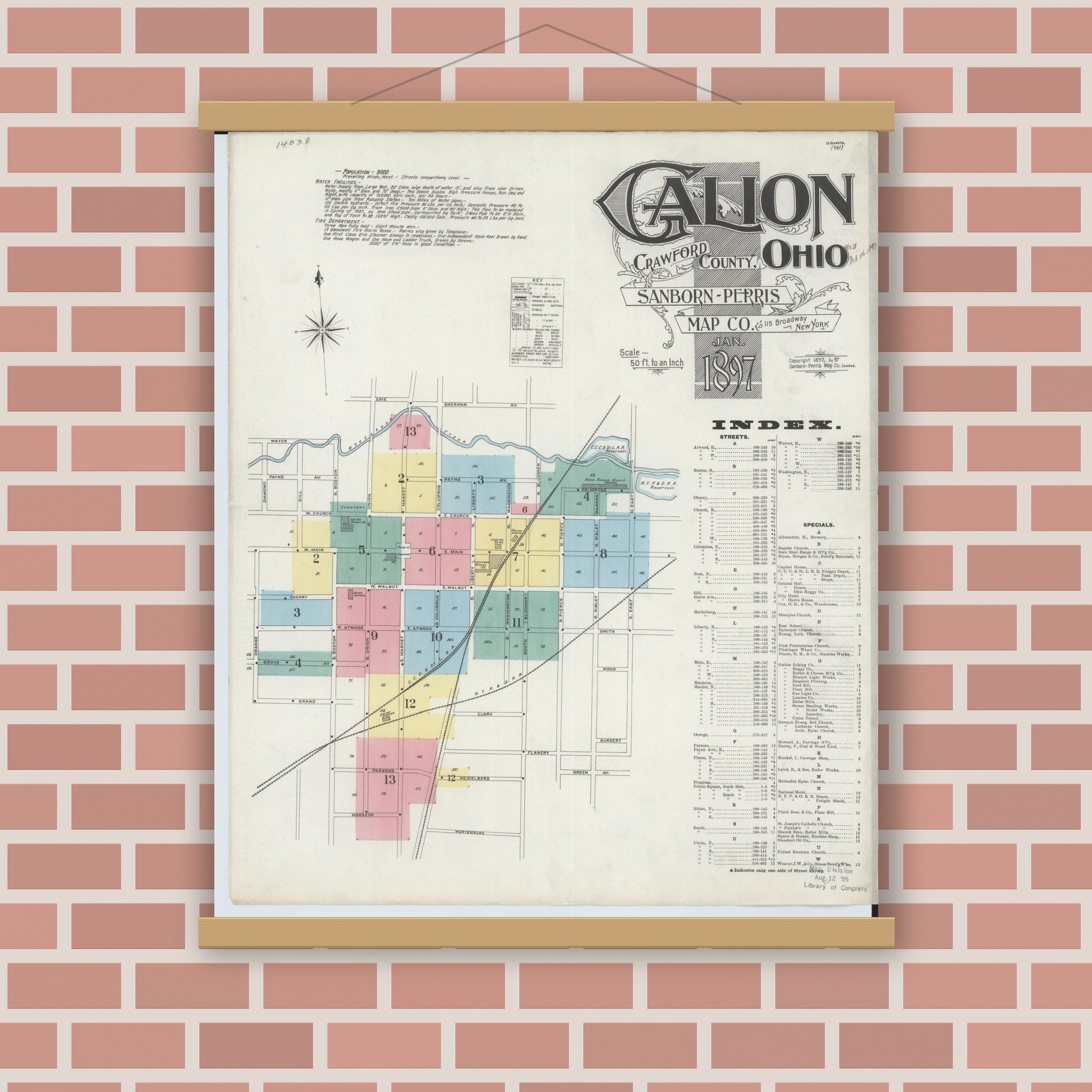 Old map wall art mockup — magnetic wood frame on brick wall — Sanborn Fire Insurance Map from Galion, Crawford County, Ohio (1897), Sheet #0001