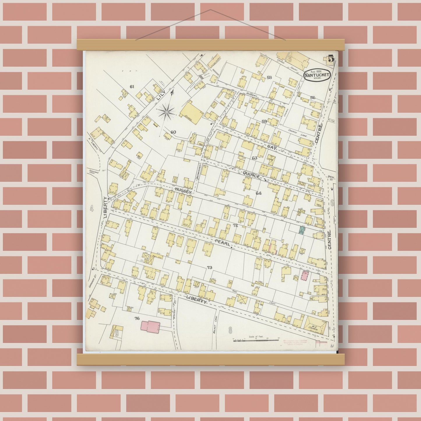 Old map wall art mockup — magnetic wood frame on brick wall — Sanborn Fire Insurance Map from Nantucket, Nantucket County, Massachusetts (1892), Sheet #0005