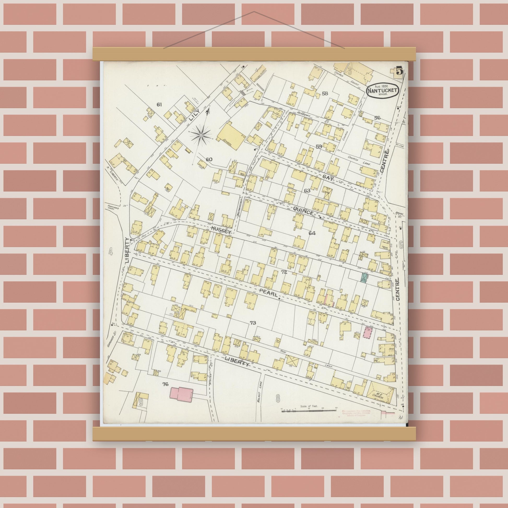 Old map wall art mockup — magnetic wood frame on brick wall — Sanborn Fire Insurance Map from Nantucket, Nantucket County, Massachusetts (1892), Sheet #0005