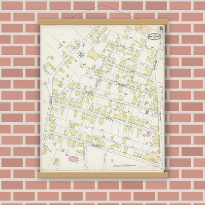 Old map wall art mockup — magnetic wood frame on brick wall — Sanborn Fire Insurance Map from Nantucket, Nantucket County, Massachusetts (1892), Sheet #0005