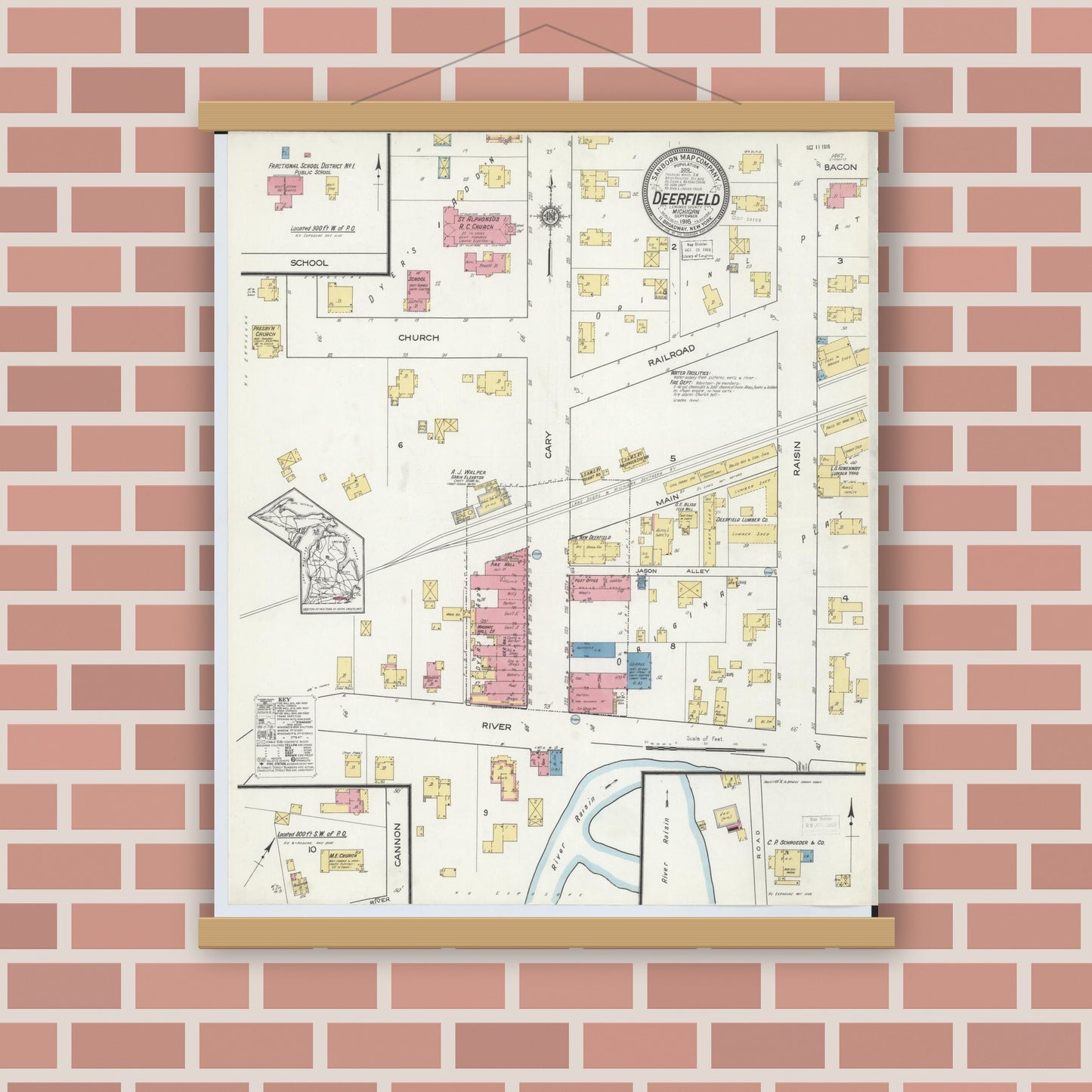 Old map wall art mockup — magnetic wood frame on brick wall — Sanborn Fire Insurance Map from Deerfield, Lenawee County, Michigan (1916), Sheet #0001