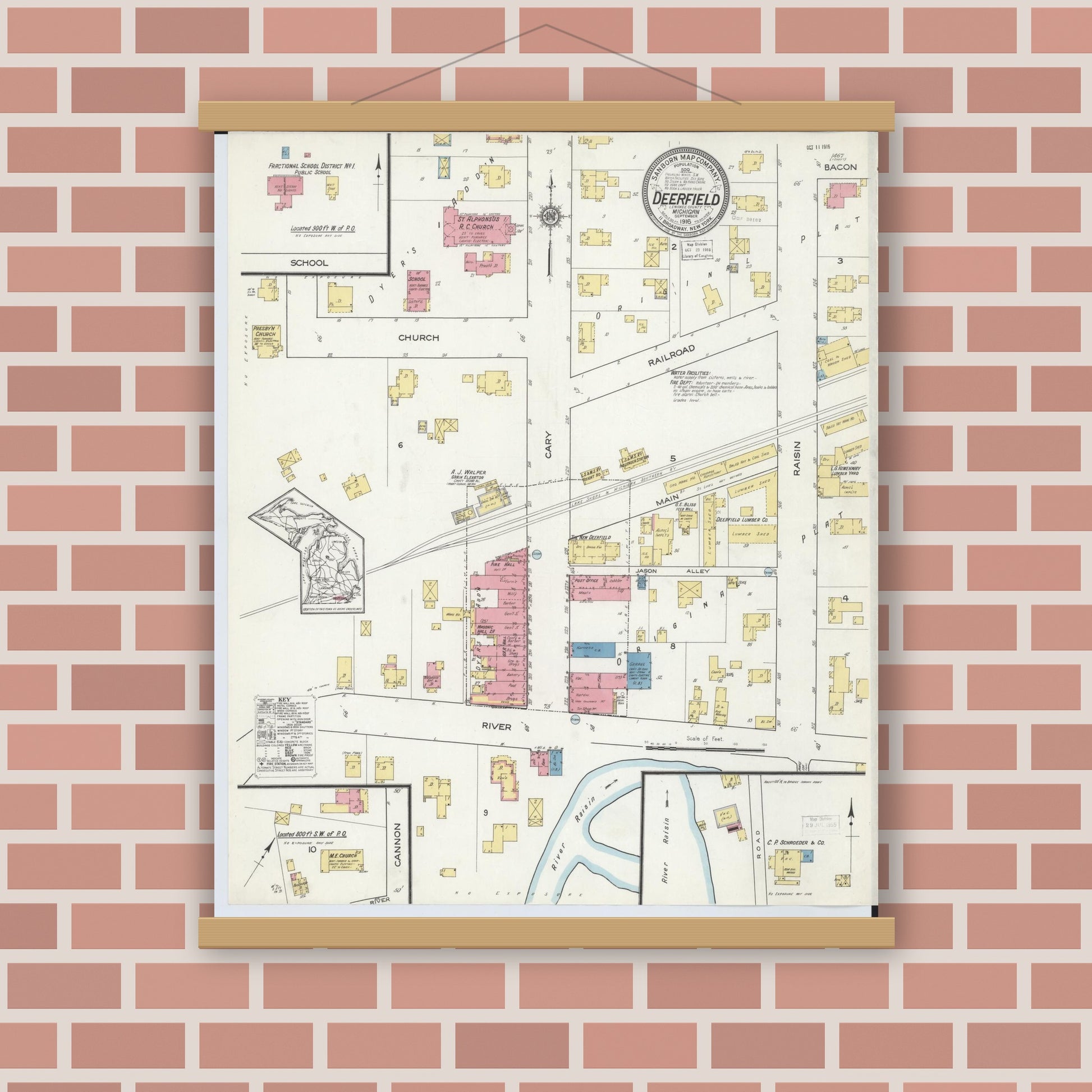 Old map wall art mockup — magnetic wood frame on brick wall — Sanborn Fire Insurance Map from Deerfield, Lenawee County, Michigan (1916), Sheet #0001