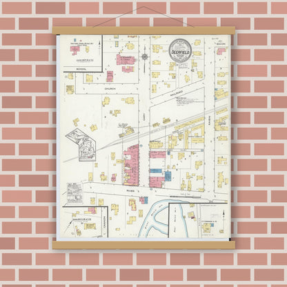 Old map wall art mockup — magnetic wood frame on brick wall — Sanborn Fire Insurance Map from Deerfield, Lenawee County, Michigan (1916), Sheet #0001
