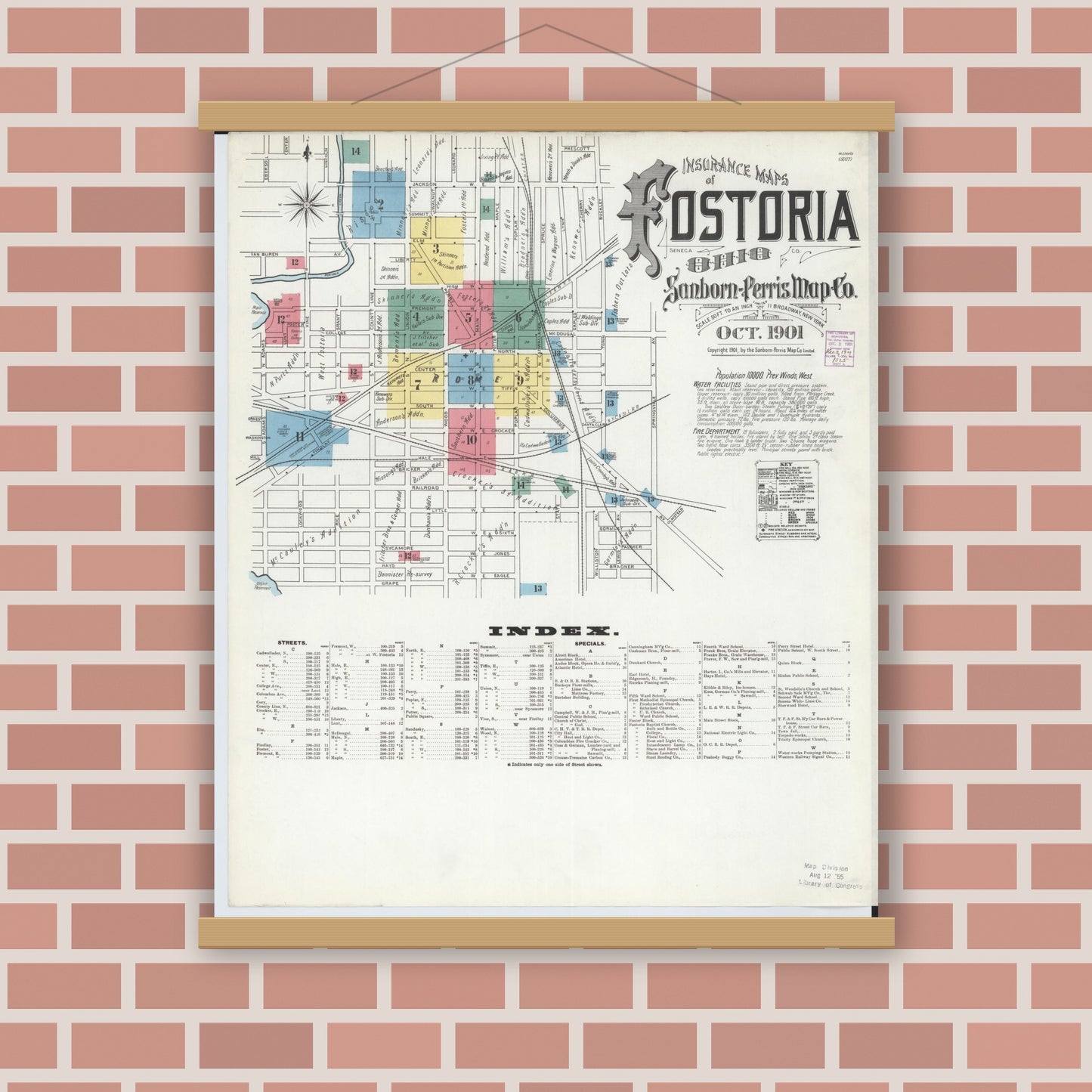 Old map wall art mockup — magnetic wood frame on brick wall — Sanborn Fire Insurance Map from Fostoria, Seneca, Hancock, And Wood Counties, Ohio (1901) - Complete Map Set