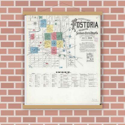 Old map wall art mockup — magnetic wood frame on brick wall — Sanborn Fire Insurance Map from Fostoria, Seneca, Hancock, And Wood Counties, Ohio (1901) - Complete Map Set