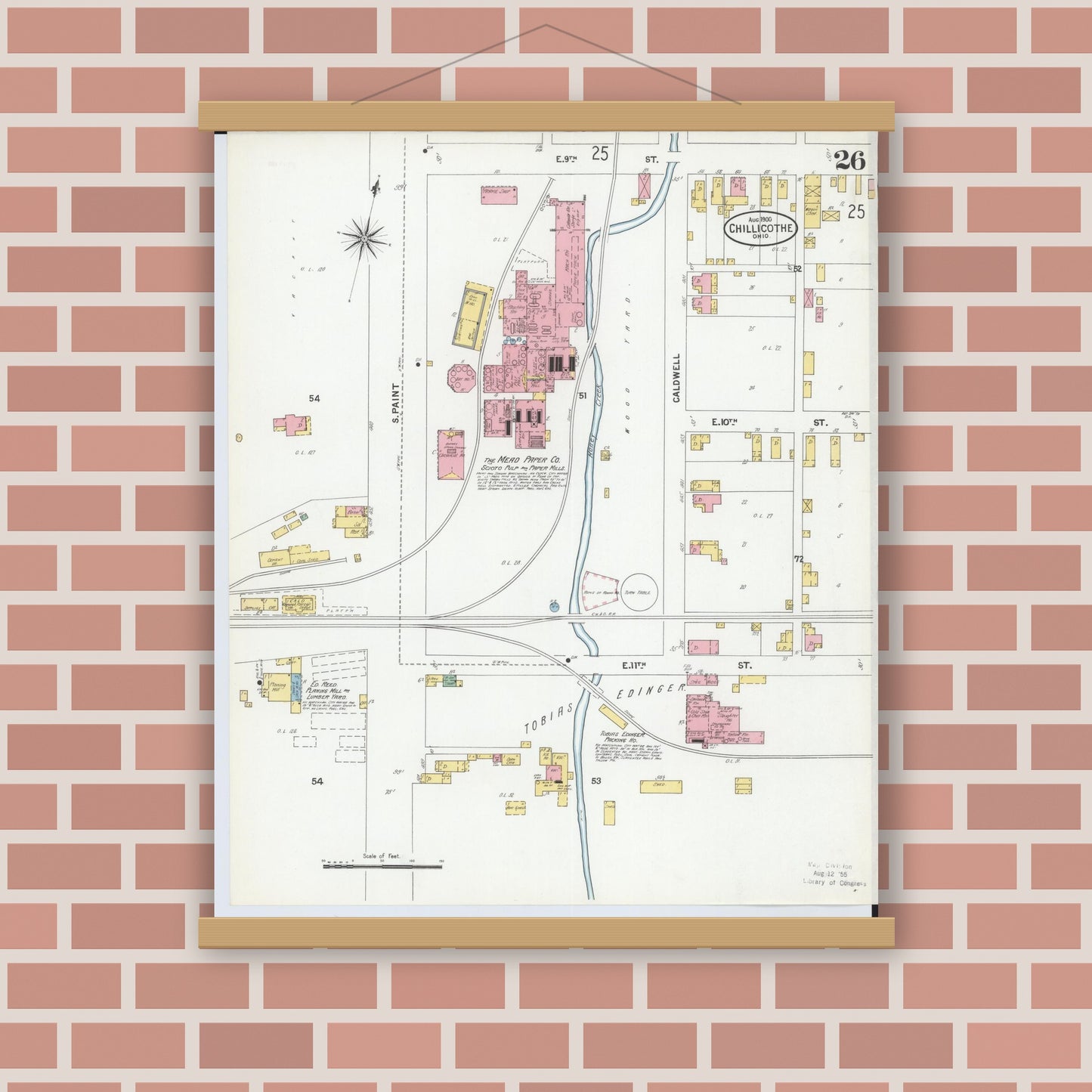 Old map wall art mockup — magnetic wood frame on brick wall — Sanborn Fire Insurance Map from Chillicothe, Ross County, Ohio (1900), Sheet #0026