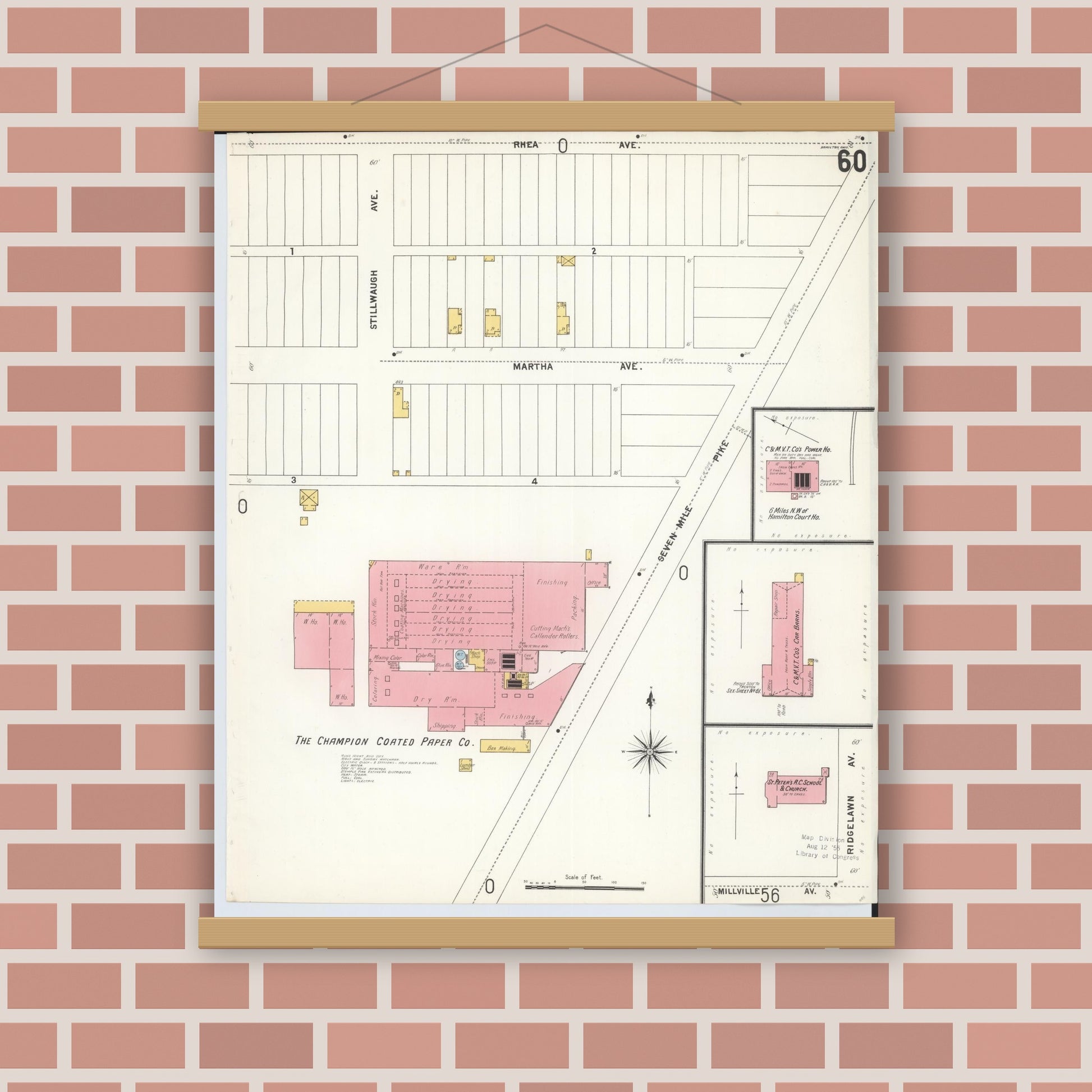 Old map wall art mockup — magnetic wood frame on brick wall — Sanborn Fire Insurance Map from Hamilton, Butler County, Ohio (1899), Sheet #0060