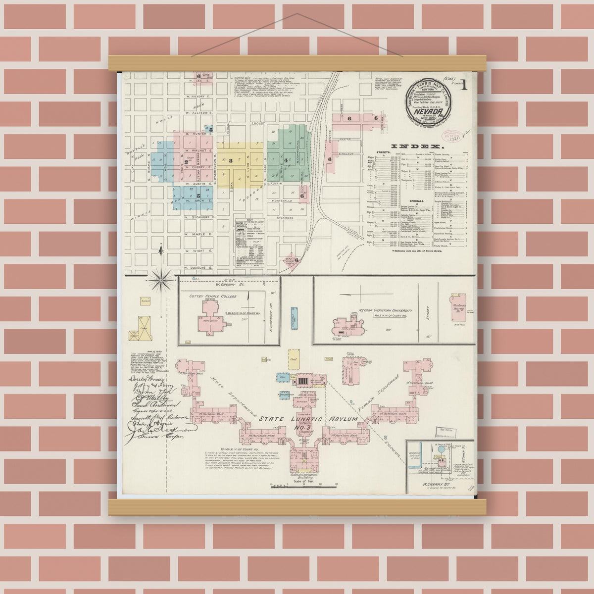 Old map wall art mockup — magnetic wood frame on brick wall — Sanborn Fire Insurance Map from Nevada, Vernon County, Missouri (1890), Sheet #0001