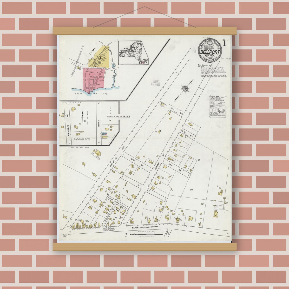 Old map wall art mockup — magnetic wood frame on brick wall — Sanborn Fire Insurance Map from Bellport, Suffolk County, New York (1920) - Complete Map Set