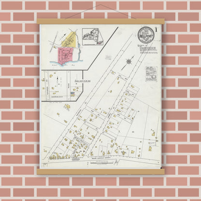 Old map wall art mockup — magnetic wood frame on brick wall — Sanborn Fire Insurance Map from Bellport, Suffolk County, New York (1920) - Complete Map Set