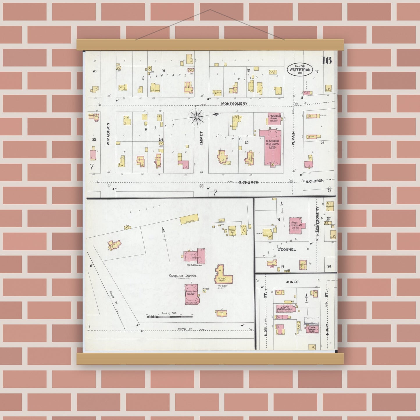Old map wall art mockup — magnetic wood frame on brick wall — Sanborn Fire Insurance Map from Watertown, Jefferson County, Wisconsin (1901), Sheet #0016
