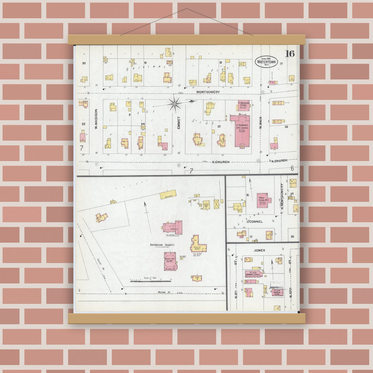 Old map wall art mockup — magnetic wood frame on brick wall — Sanborn Fire Insurance Map from Watertown, Jefferson County, Wisconsin (1901), Sheet #0016