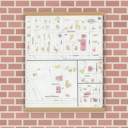 Old map wall art mockup — magnetic wood frame on brick wall — Sanborn Fire Insurance Map from Watertown, Jefferson County, Wisconsin (1901), Sheet #0016