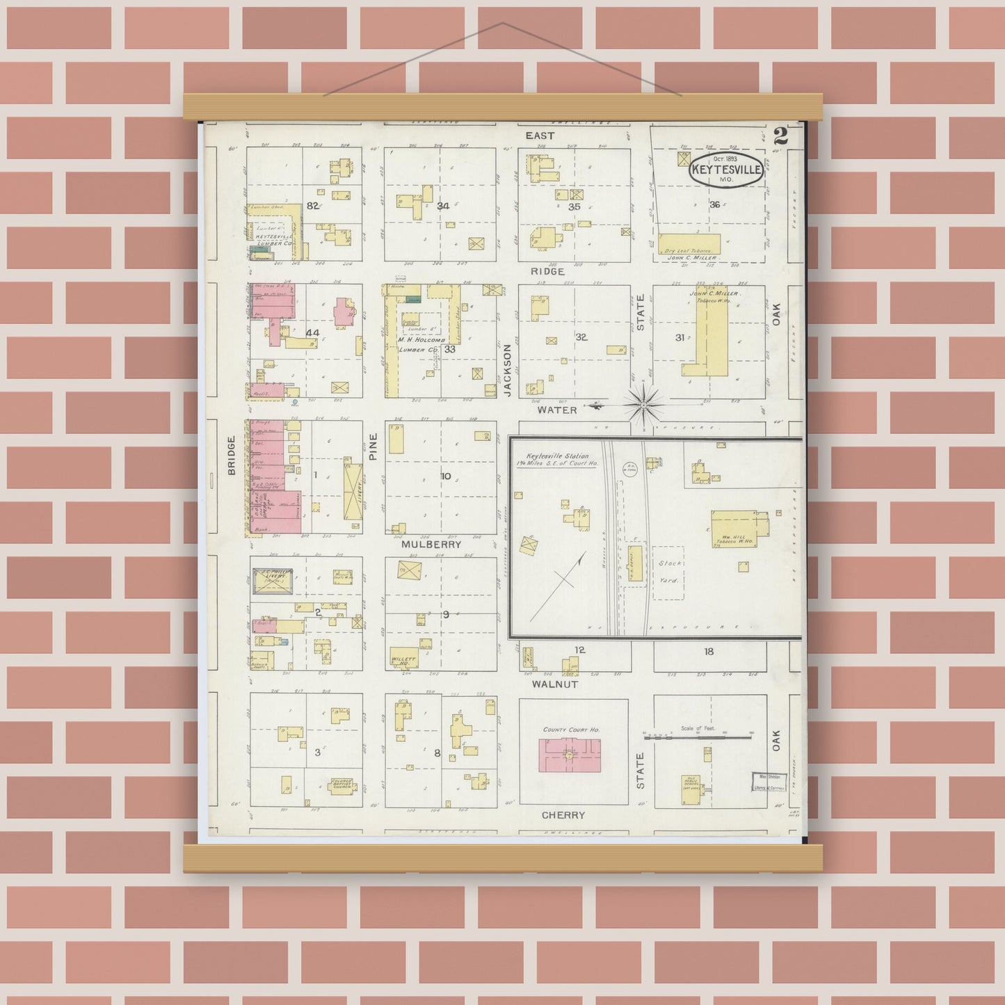 Old map wall art mockup — magnetic wood frame on brick wall — Sanborn Fire Insurance Map from Keytesville, Chariton County, Missouri (1893), Sheet #0002