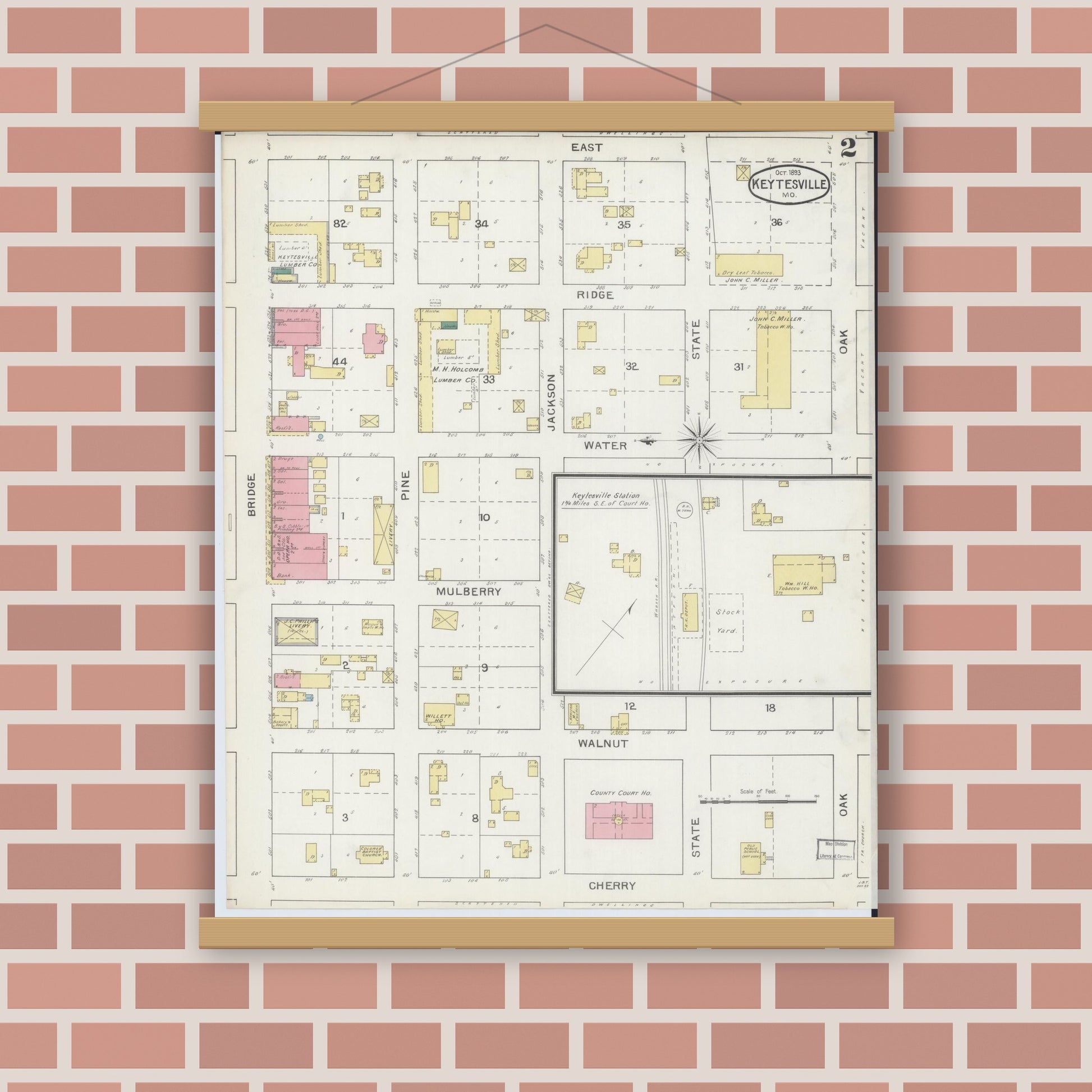 Old map wall art mockup — magnetic wood frame on brick wall — Sanborn Fire Insurance Map from Keytesville, Chariton County, Missouri (1893), Sheet #0002