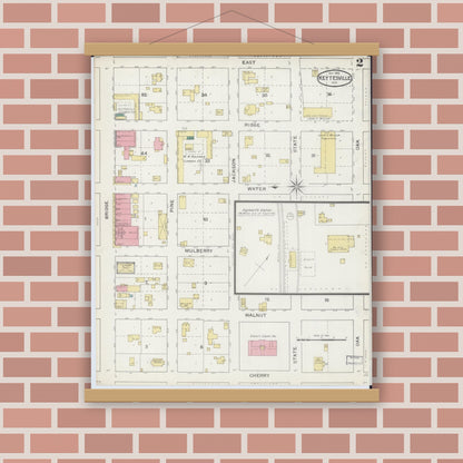Old map wall art mockup — magnetic wood frame on brick wall — Sanborn Fire Insurance Map from Keytesville, Chariton County, Missouri (1893), Sheet #0002