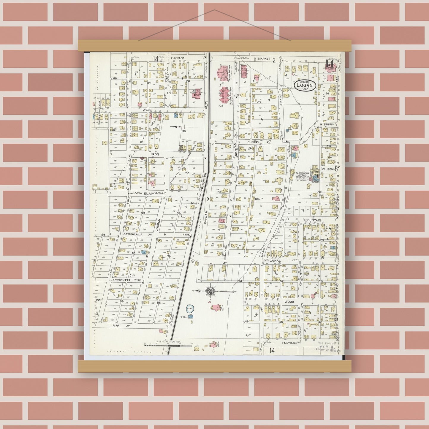 Old map wall art mockup — magnetic wood frame on brick wall — Sanborn Fire Insurance Map from Logan, Hocking County, Ohio (1914), Sheet #0014
