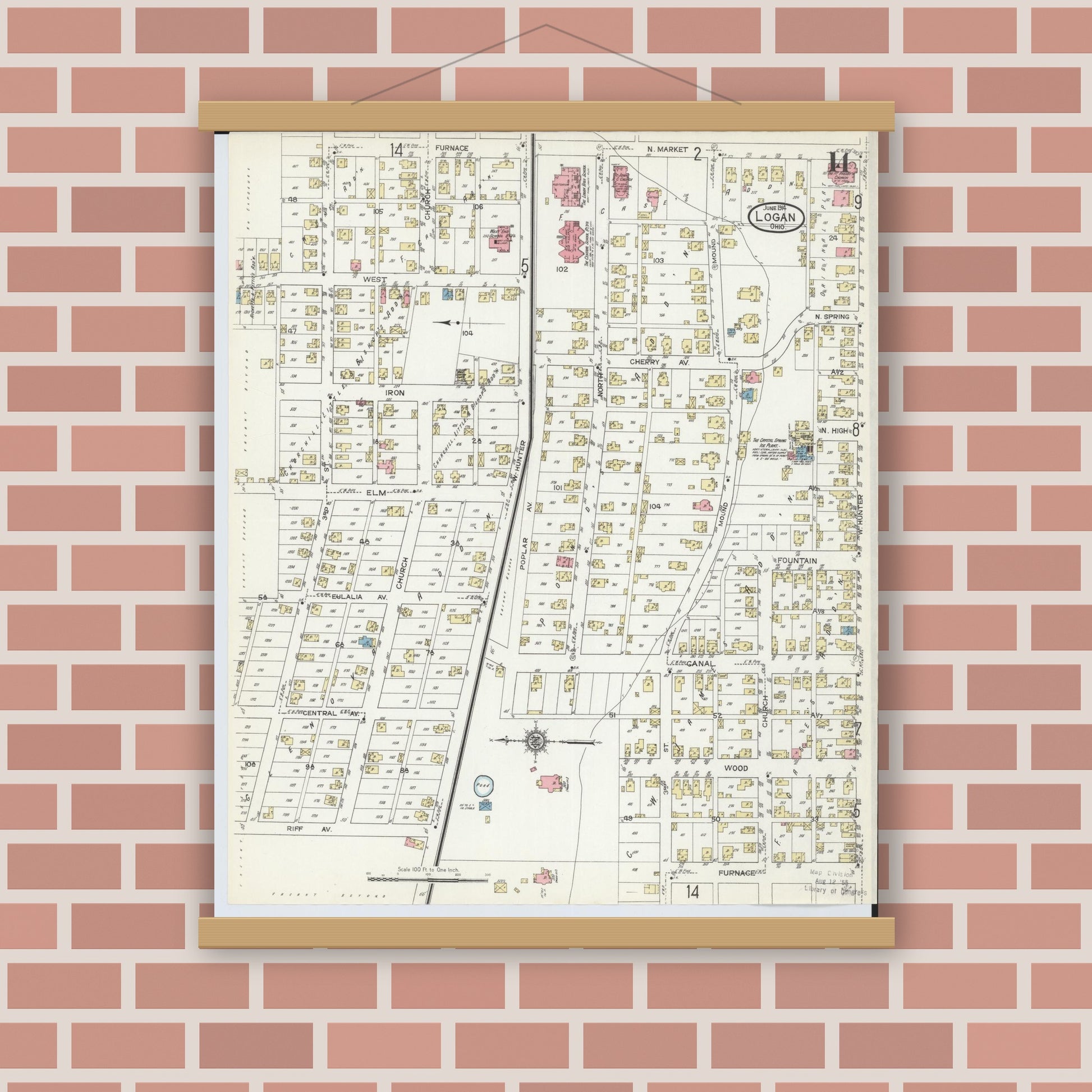 Old map wall art mockup — magnetic wood frame on brick wall — Sanborn Fire Insurance Map from Logan, Hocking County, Ohio (1914), Sheet #0014