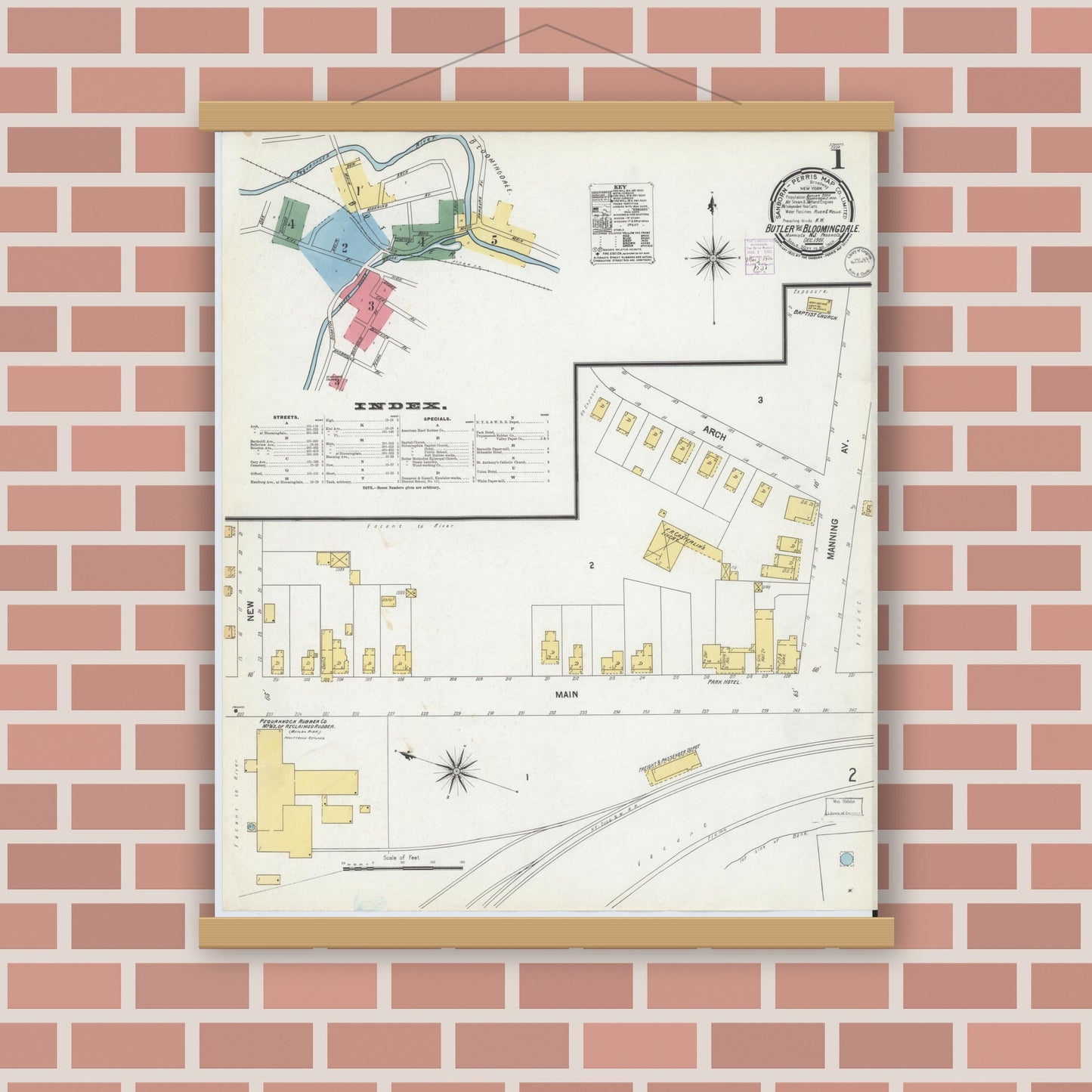 Old map wall art mockup — magnetic wood frame on brick wall — Sanborn Fire Insurance Map from Butler, Morris County, New Jersey (1901), Sheet #0001