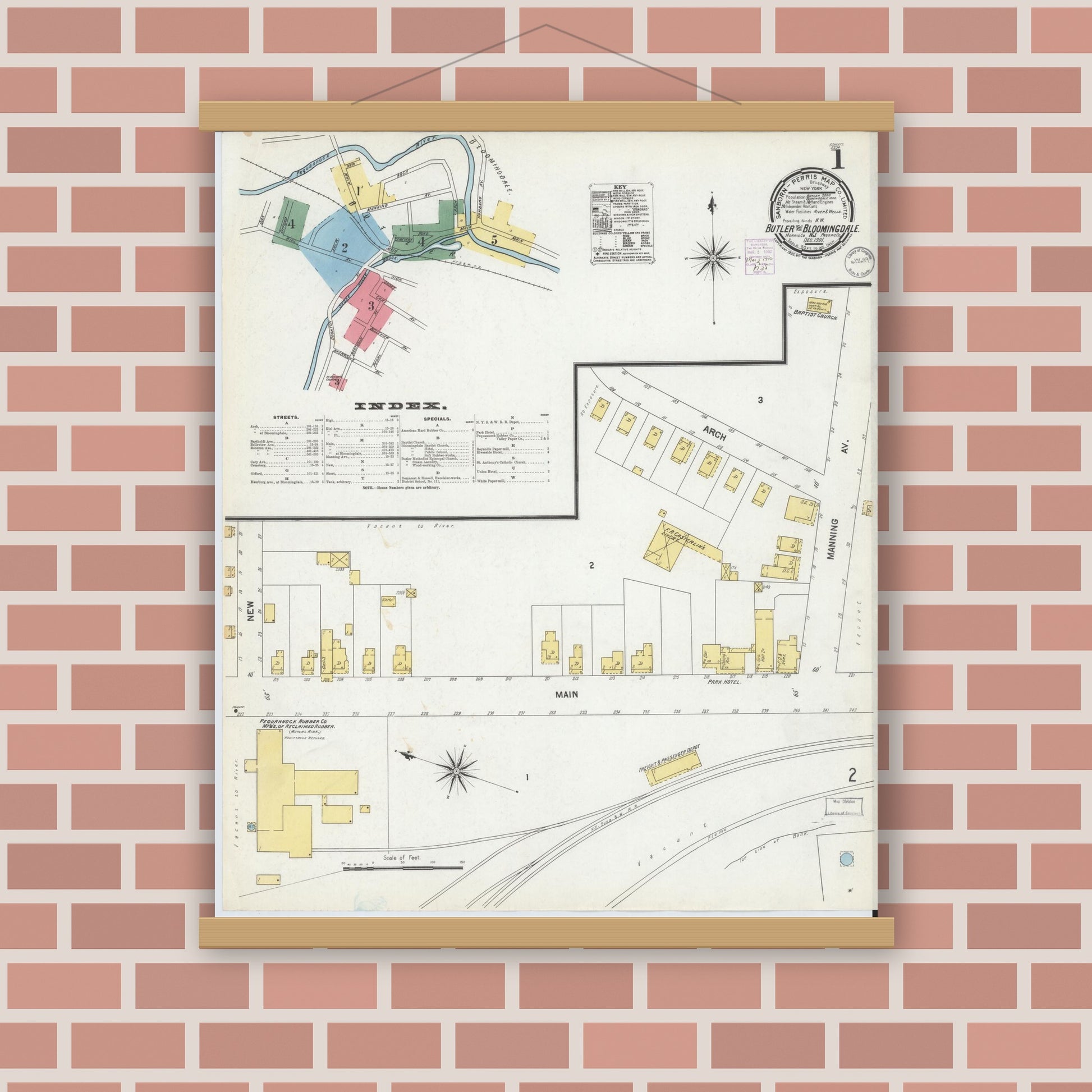 Old map wall art mockup — magnetic wood frame on brick wall — Sanborn Fire Insurance Map from Butler, Morris County, New Jersey (1901), Sheet #0001