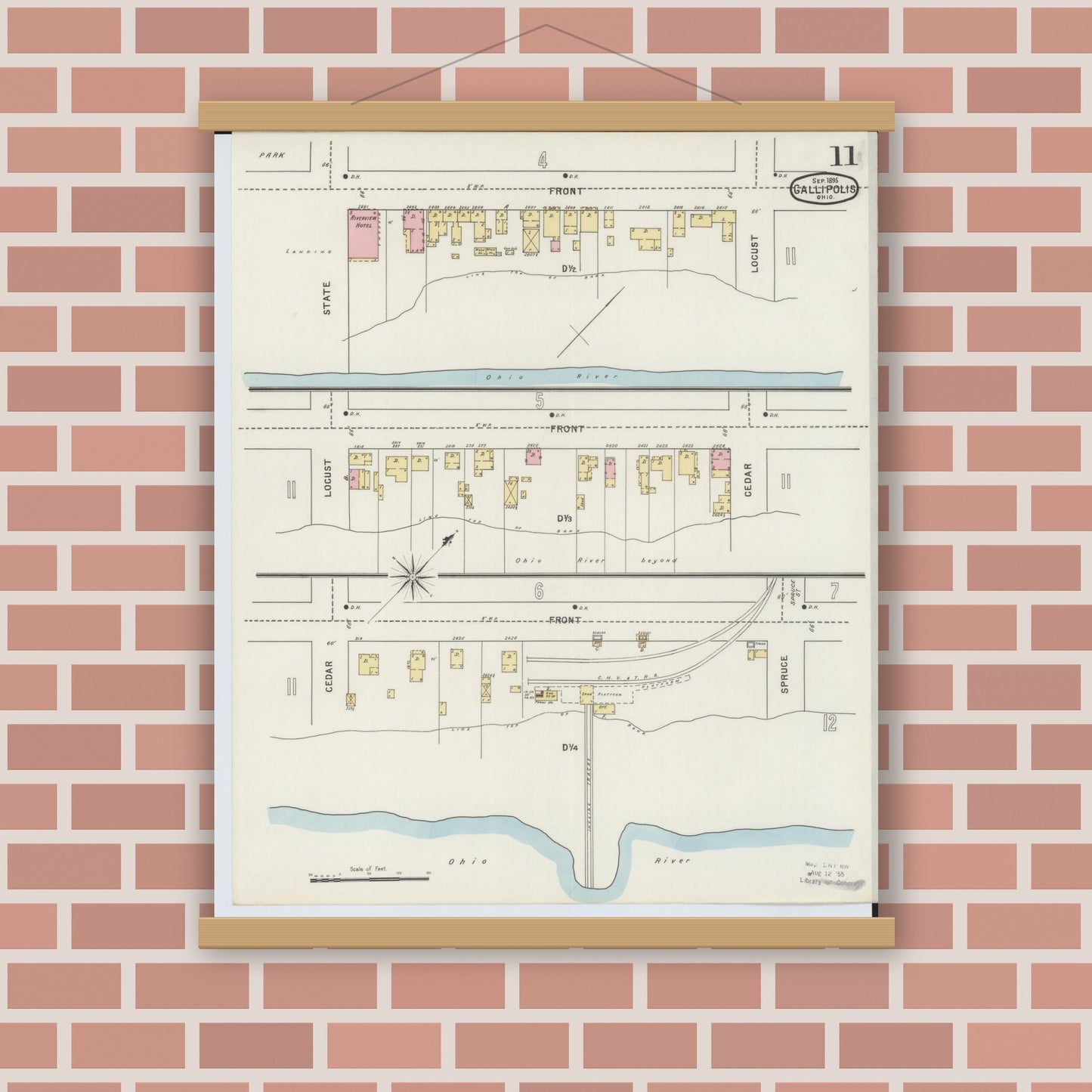 Old map wall art mockup — magnetic wood frame on brick wall — Sanborn Fire Insurance Map from Gallipolis, Gallia County, Ohio (1895), Sheet #0011