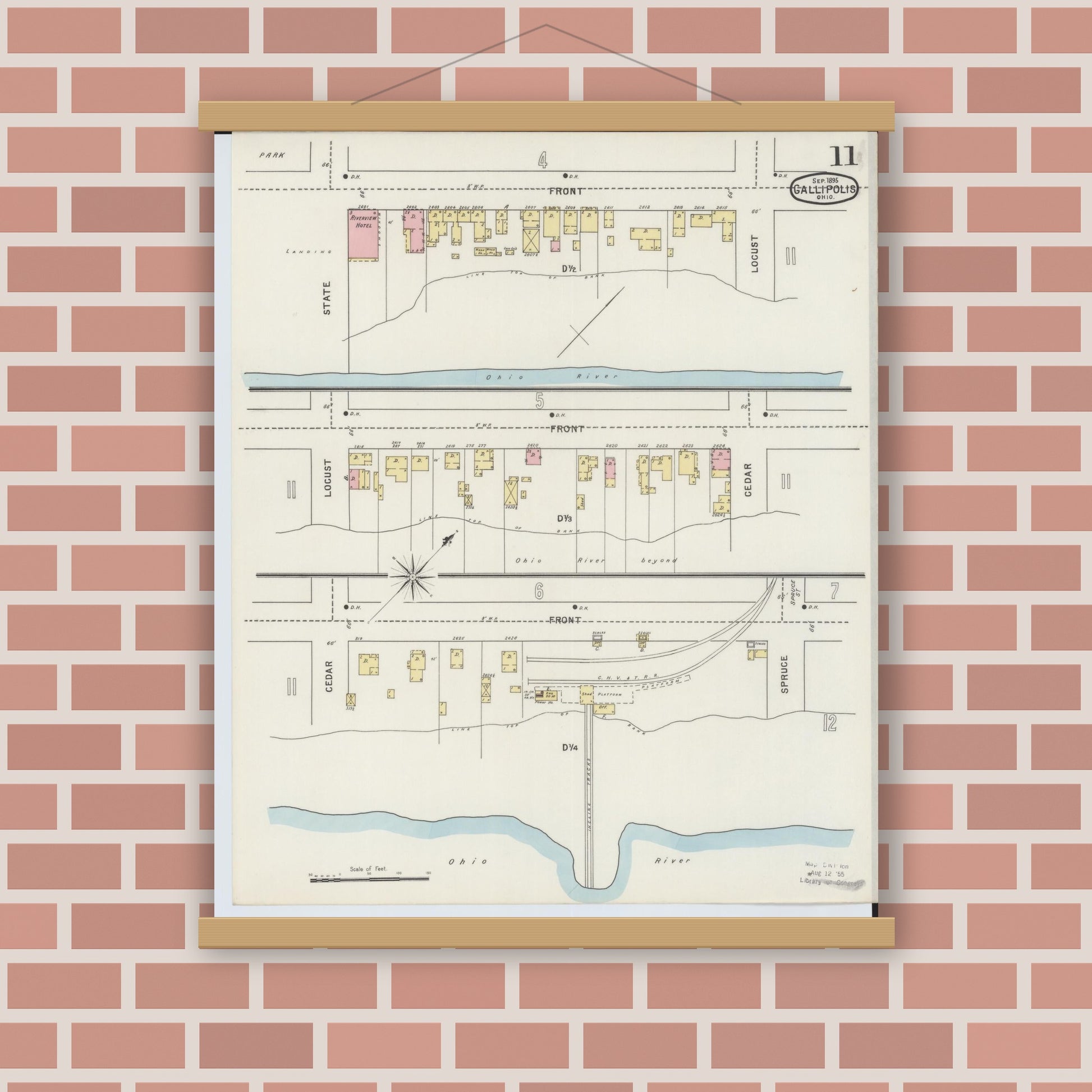 Old map wall art mockup — magnetic wood frame on brick wall — Sanborn Fire Insurance Map from Gallipolis, Gallia County, Ohio (1895), Sheet #0011