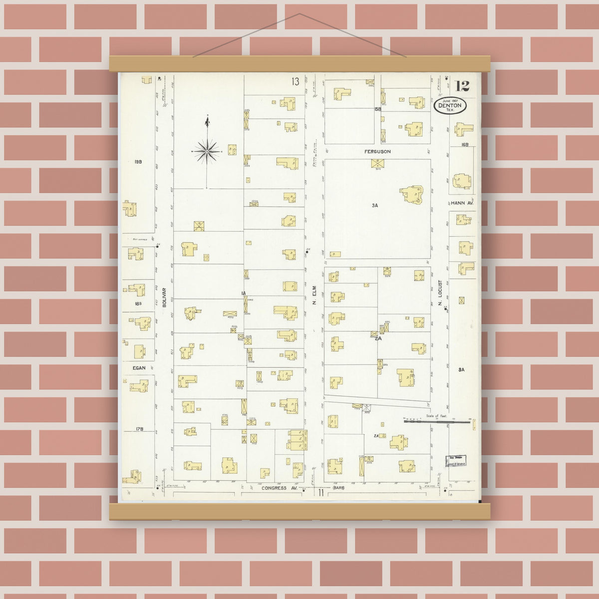 Old map wall art mockup — magnetic wood frame on brick wall — Sanborn Fire Insurance Map from Denton, Denton County, Texas (1907), Sheet #0012