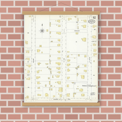 Old map wall art mockup — magnetic wood frame on brick wall — Sanborn Fire Insurance Map from Denton, Denton County, Texas (1907), Sheet #0012