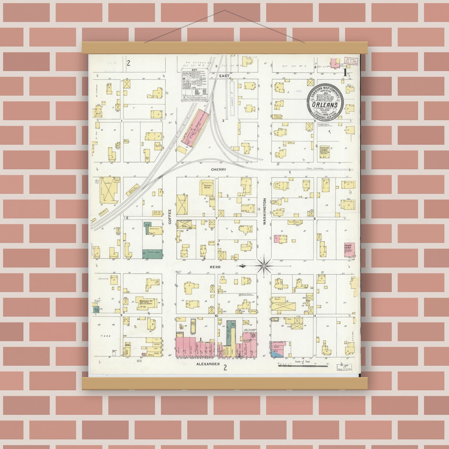 Old map wall art mockup — magnetic wood frame on brick wall — Sanborn Fire Insurance Map from Orleans, Orange County, Indiana (1909) - Complete Map Set