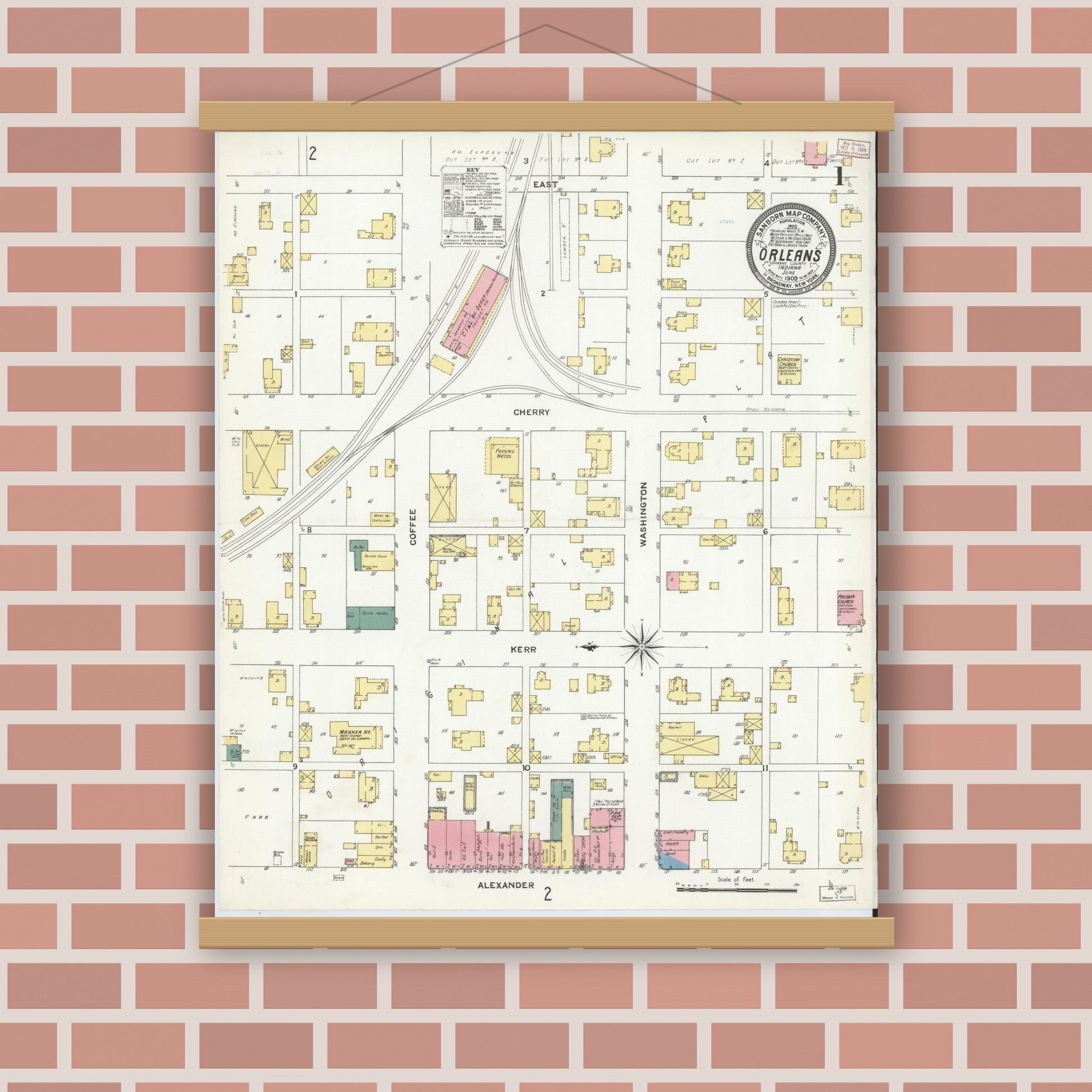 Old map wall art mockup — magnetic wood frame on brick wall — Sanborn Fire Insurance Map from Orleans, Orange County, Indiana (1909) - Complete Map Set
