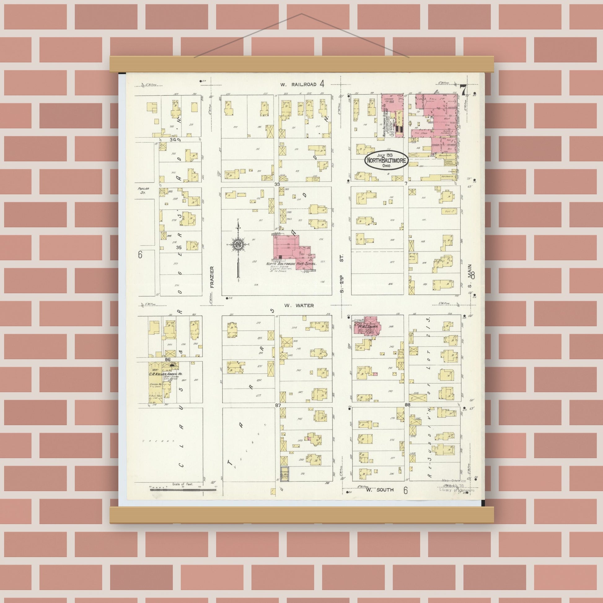 Old map wall art mockup — magnetic wood frame on brick wall — Sanborn Fire Insurance Map from North Baltimore, Wood County, Ohio (1913), Sheet #0007