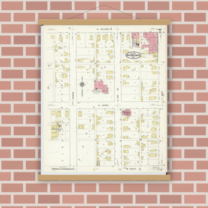 Old map wall art mockup — magnetic wood frame on brick wall — Sanborn Fire Insurance Map from North Baltimore, Wood County, Ohio (1913), Sheet #0007
