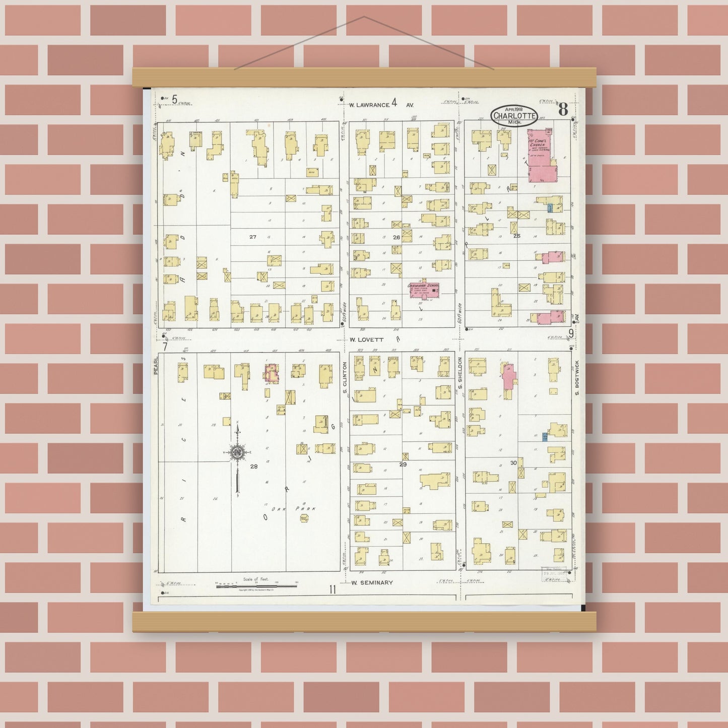 Old map wall art mockup — magnetic wood frame on brick wall — Sanborn Fire Insurance Map from Charlotte, Eaton County, Michigan (1918), Sheet #0008