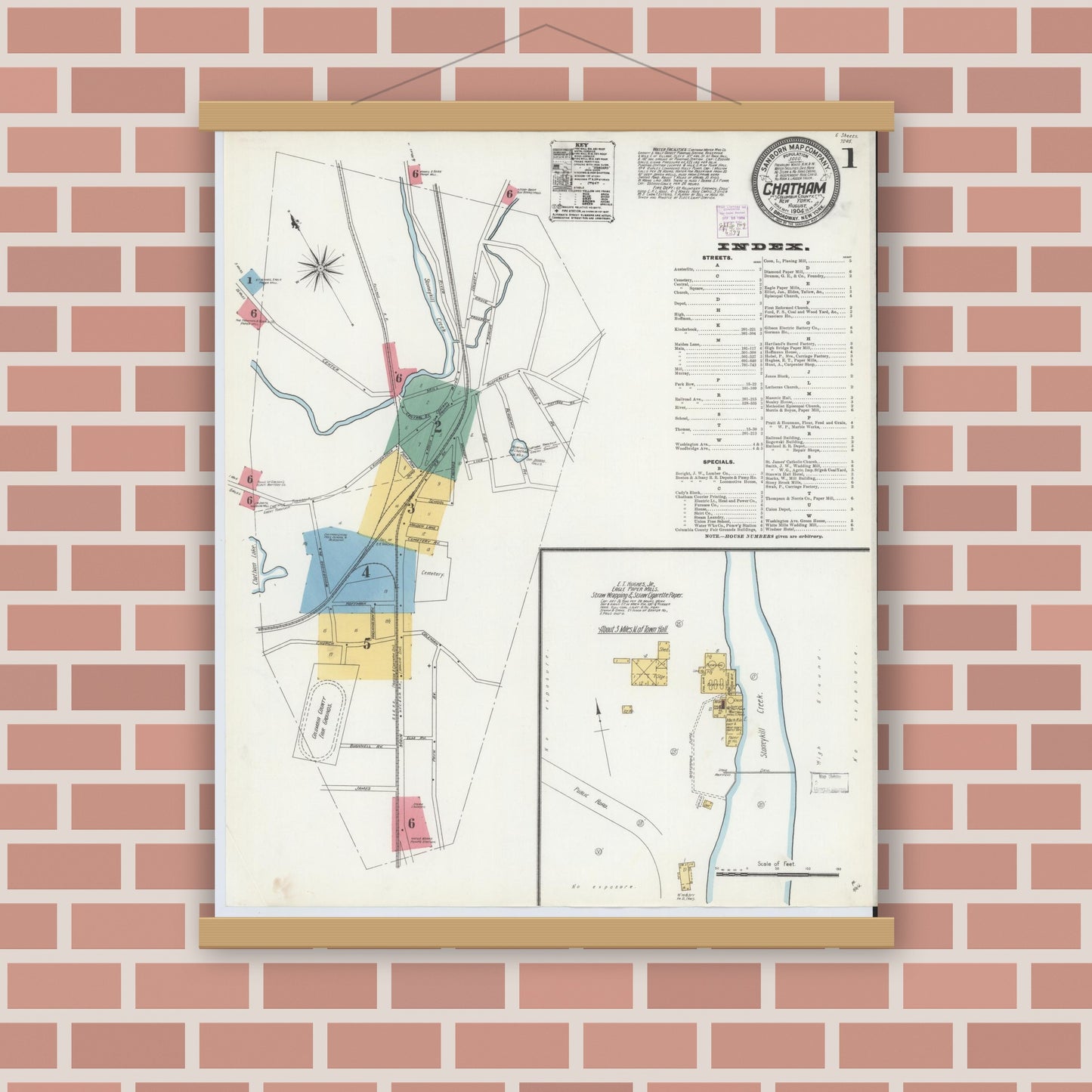 Old map wall art mockup — magnetic wood frame on brick wall — Sanborn Fire Insurance Map from Chatham, Columbia County, New York (1904) - Complete Map Set