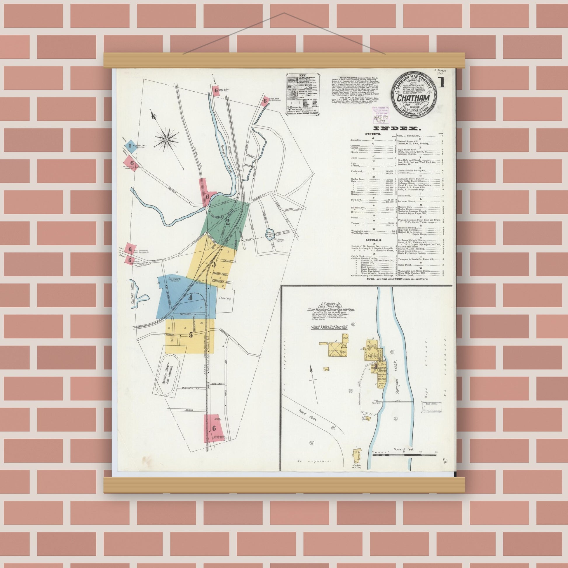Old map wall art mockup — magnetic wood frame on brick wall — Sanborn Fire Insurance Map from Chatham, Columbia County, New York (1904) - Complete Map Set