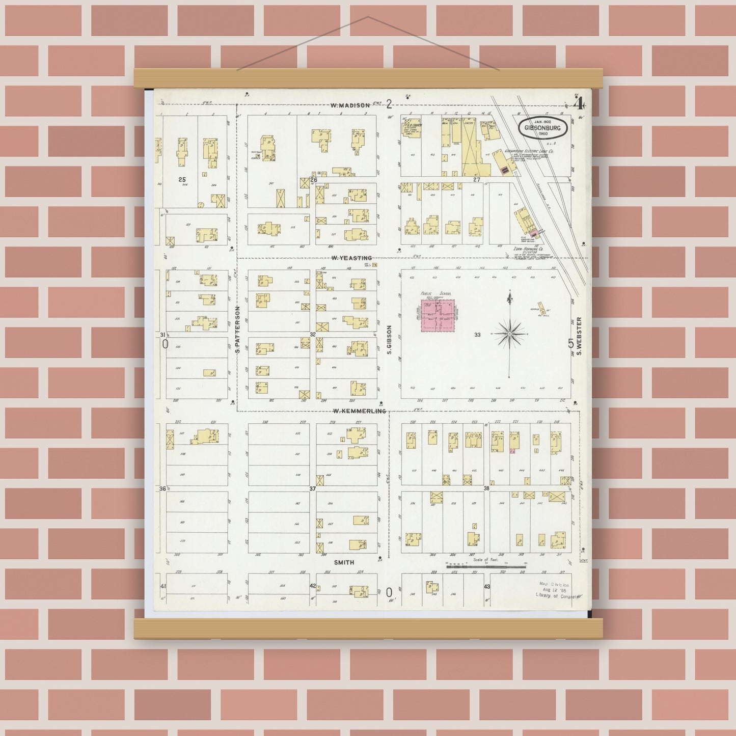 Old map wall art mockup — magnetic wood frame on brick wall — Sanborn Fire Insurance Map from Gibsonburg, Sandusky County, Ohio (1902), Sheet #0004