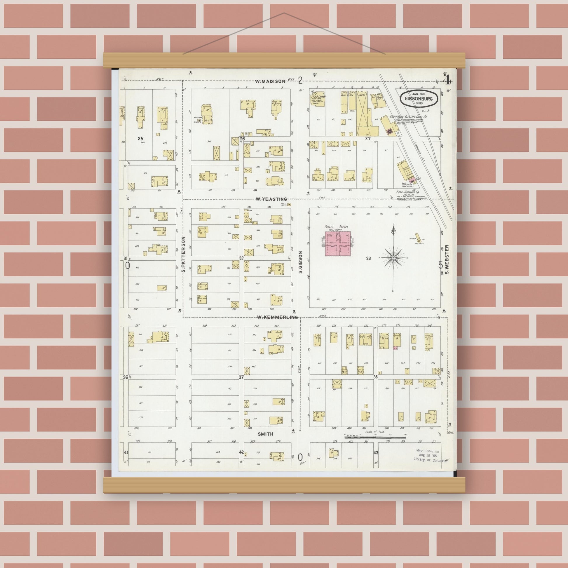 Old map wall art mockup — magnetic wood frame on brick wall — Sanborn Fire Insurance Map from Gibsonburg, Sandusky County, Ohio (1902), Sheet #0004
