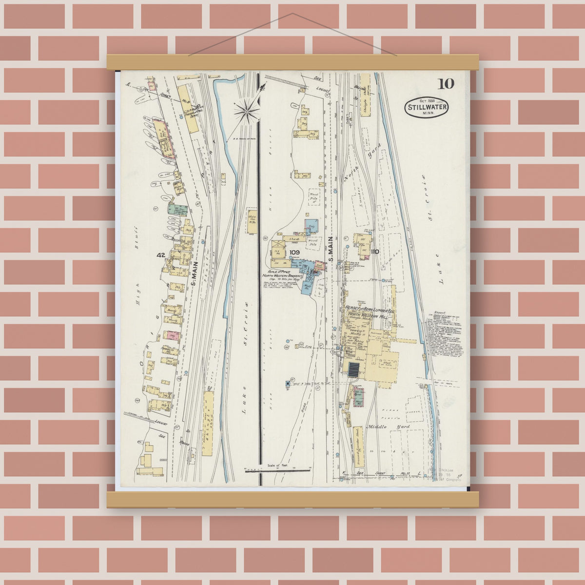 Old map wall art mockup — magnetic wood frame on brick wall — Sanborn Fire Insurance Map from Stillwater, Washington County, Minnesota (1888), Sheet #0010