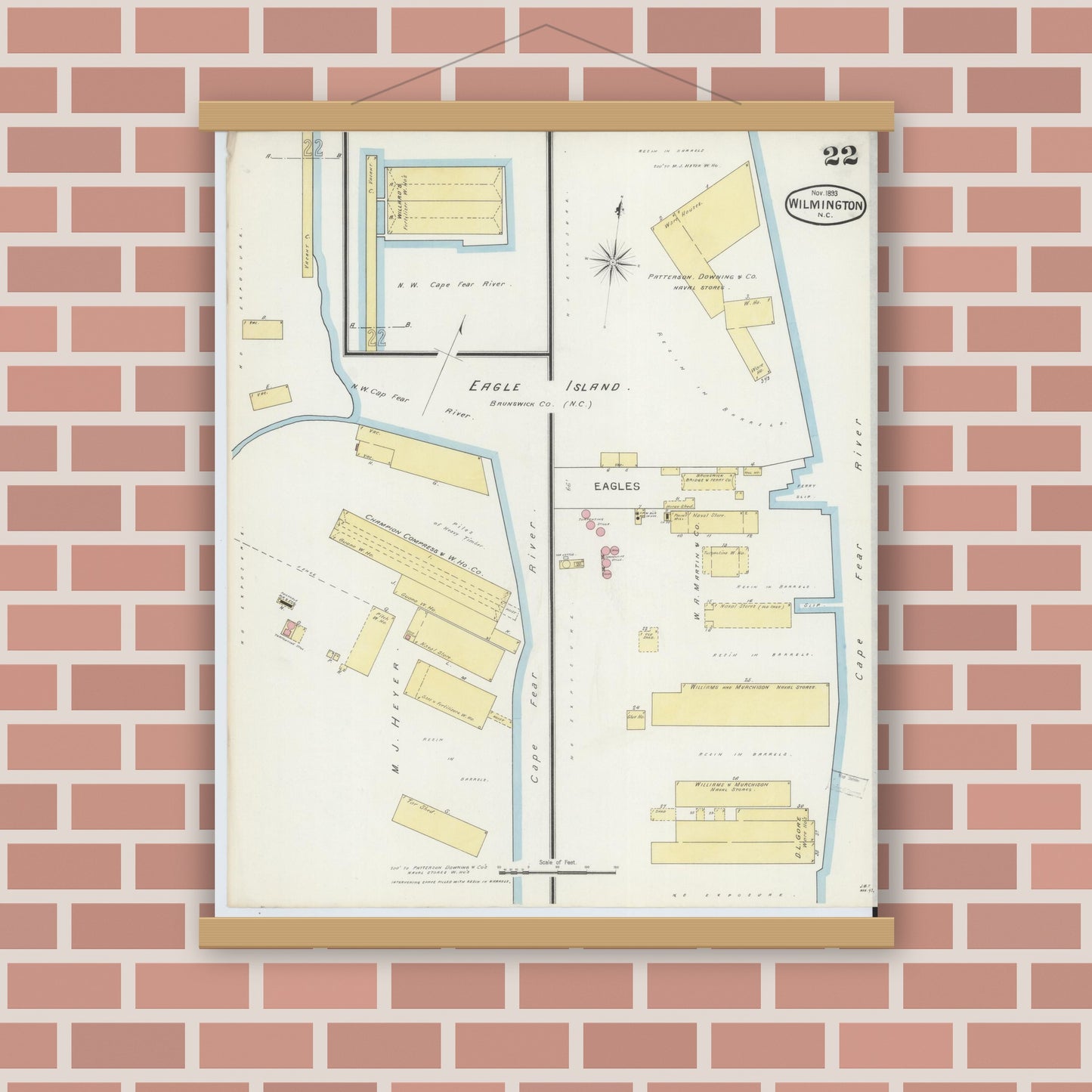 Old map wall art mockup — magnetic wood frame on brick wall — Sanborn Fire Insurance Map from Wilmington, New Hanover County, North Carolina (1893), Sheet #0022