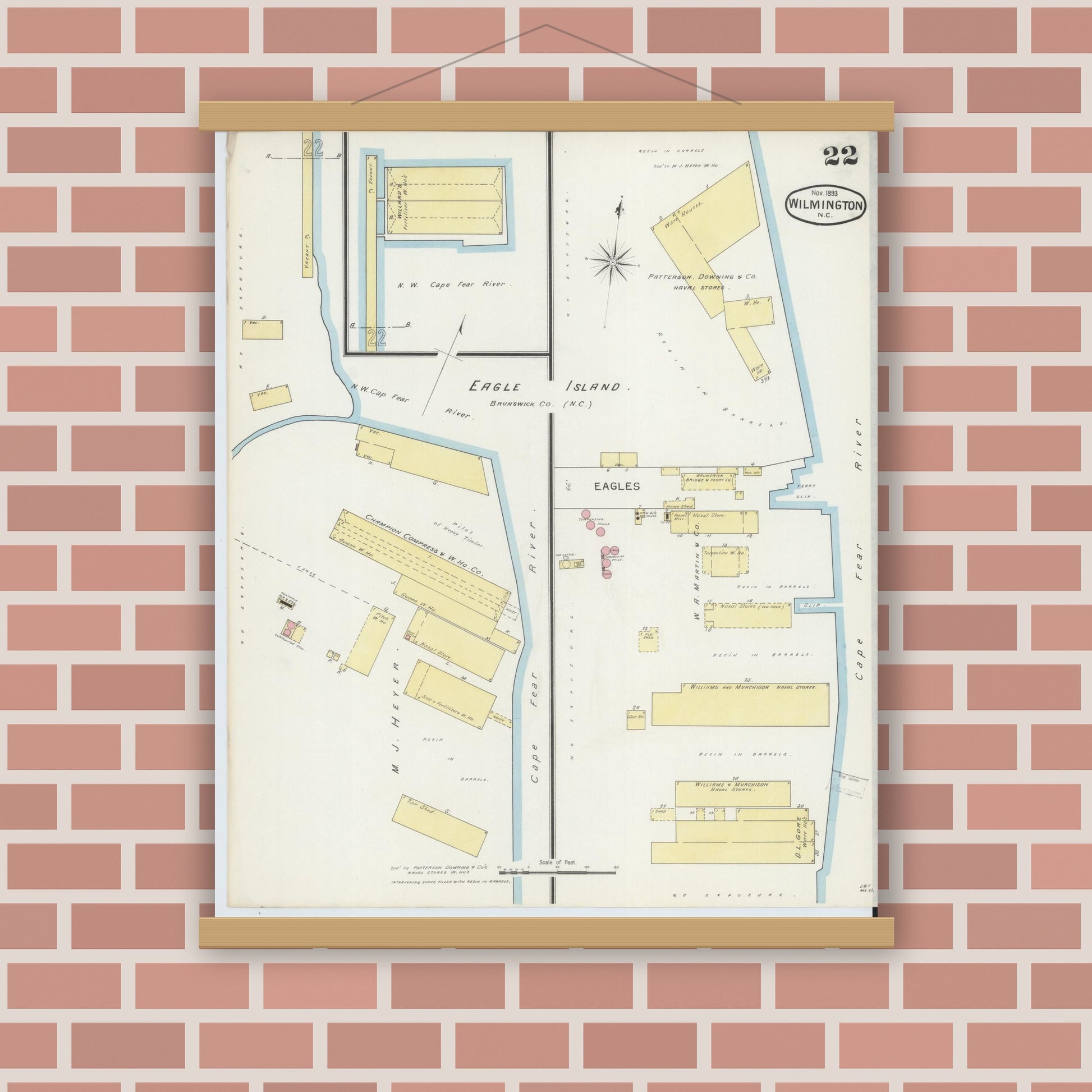 Old map wall art mockup — magnetic wood frame on brick wall — Sanborn Fire Insurance Map from Wilmington, New Hanover County, North Carolina (1893), Sheet #0022