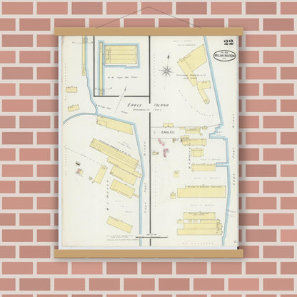 Old map wall art mockup — magnetic wood frame on brick wall — Sanborn Fire Insurance Map from Wilmington, New Hanover County, North Carolina (1893), Sheet #0022