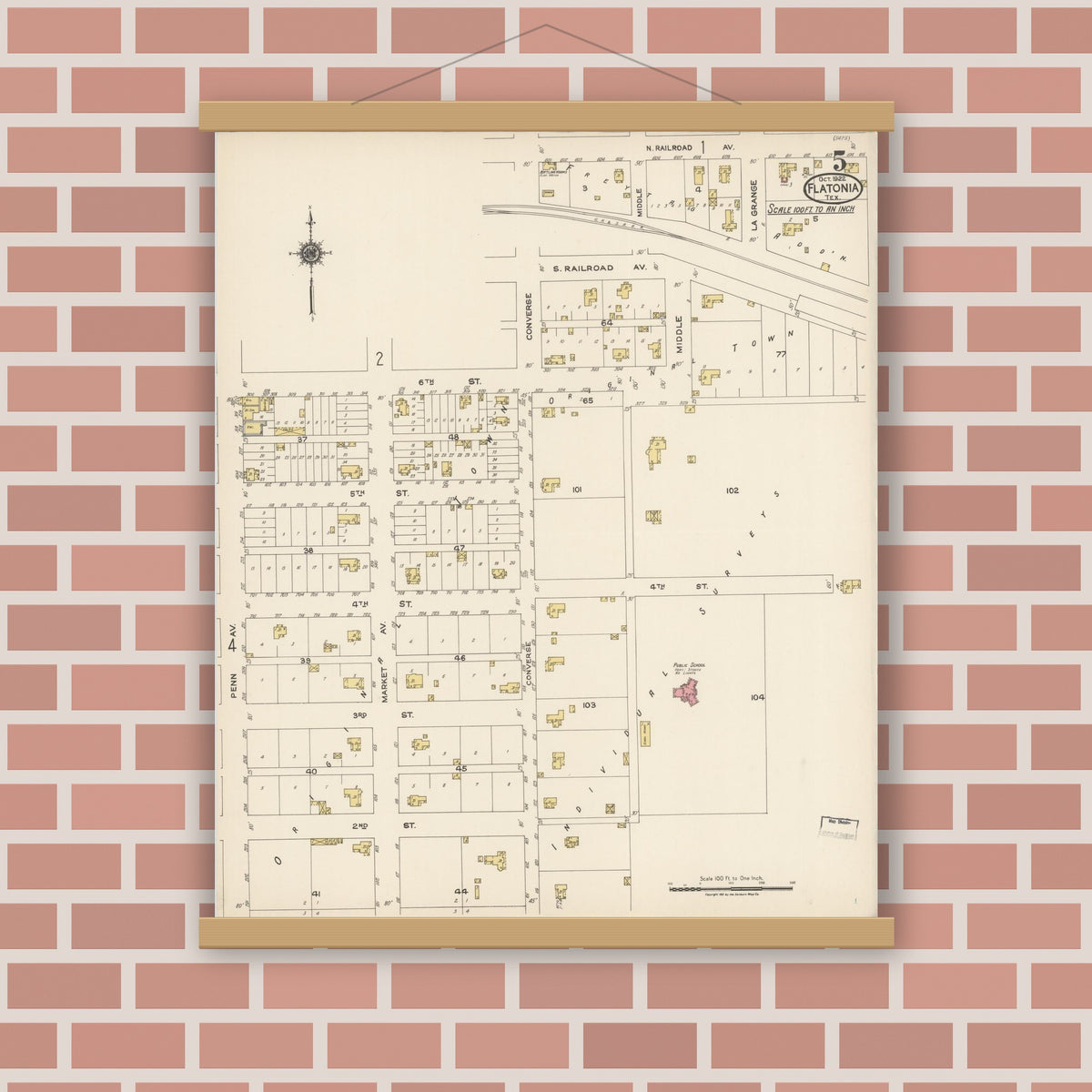 Old map wall art mockup — magnetic wood frame on brick wall — Sanborn Fire Insurance Map from Flatonia, Fayette County, Texas (1922), Sheet #0005