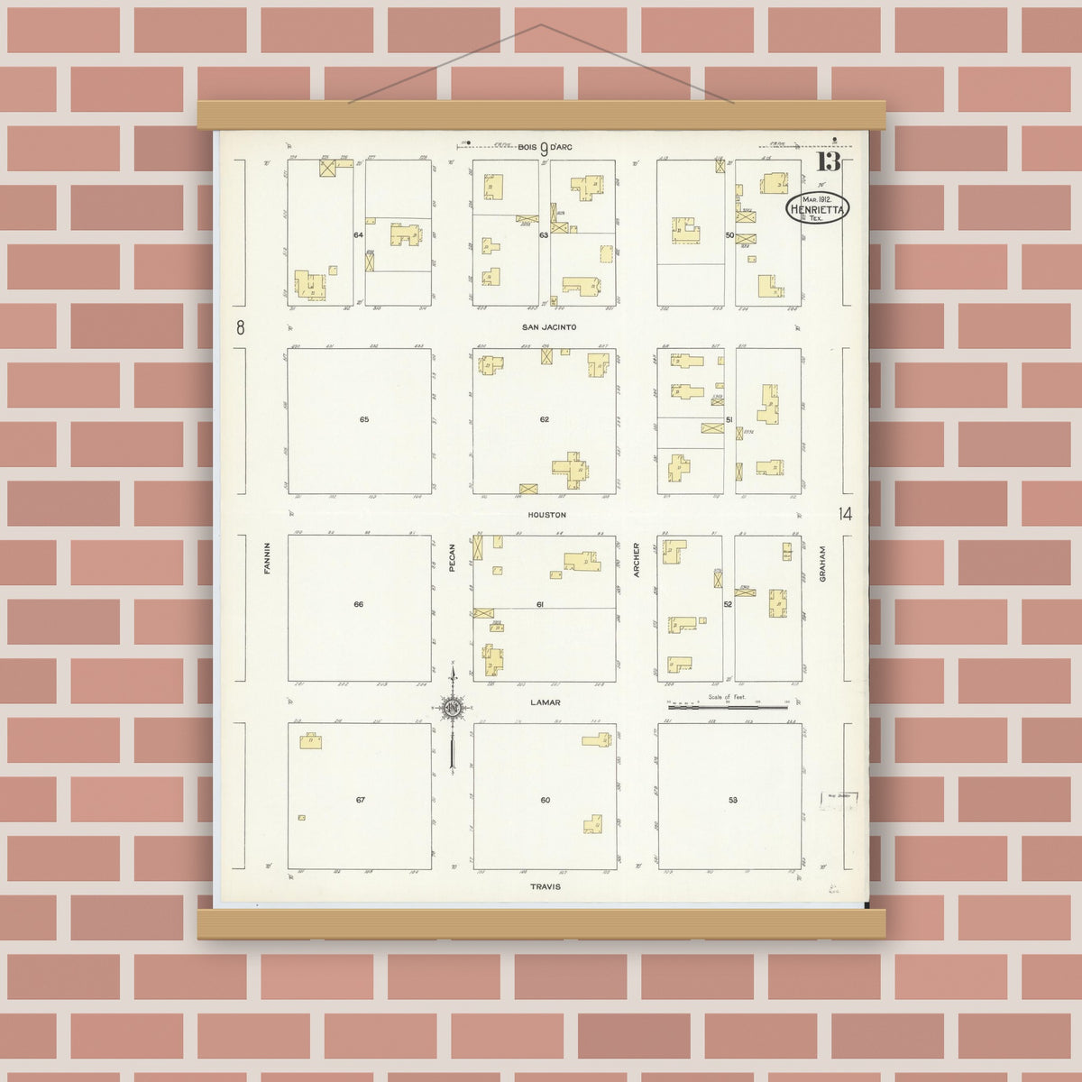 Old map wall art mockup — magnetic wood frame on brick wall — Sanborn Fire Insurance Map from Henrietta, Clay County, Texas (1912), Sheet #0013