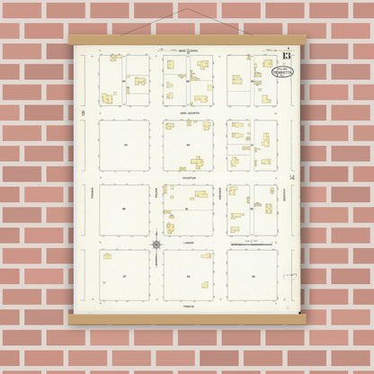 Old map wall art mockup — magnetic wood frame on brick wall — Sanborn Fire Insurance Map from Henrietta, Clay County, Texas (1912), Sheet #0013