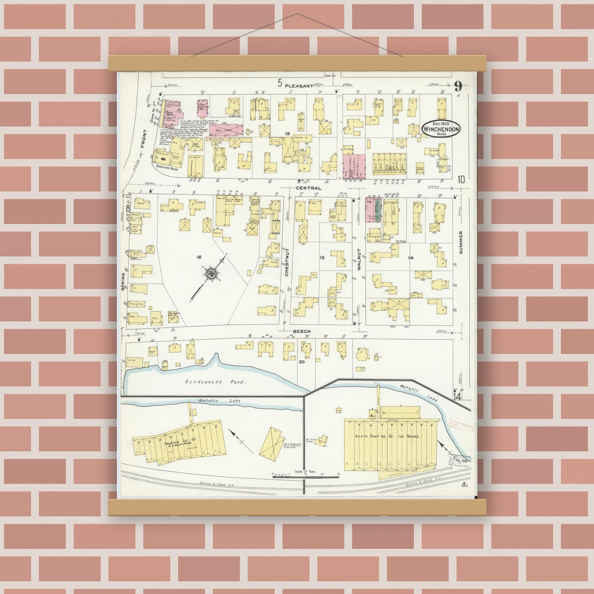 Old map wall art mockup — magnetic wood frame on brick wall — Sanborn Fire Insurance Map from Winchendon, Worcester County, Massachusetts (1909), Sheet #0009